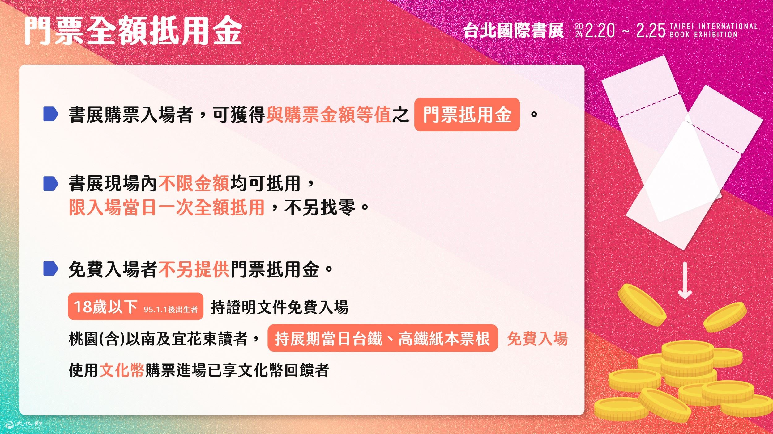 文化幣16-22歲常態化發放，台北國際書展進場正是時候！文化部推門票全額抵用金，文化幣進場門票免費且適用2點送1點優惠！